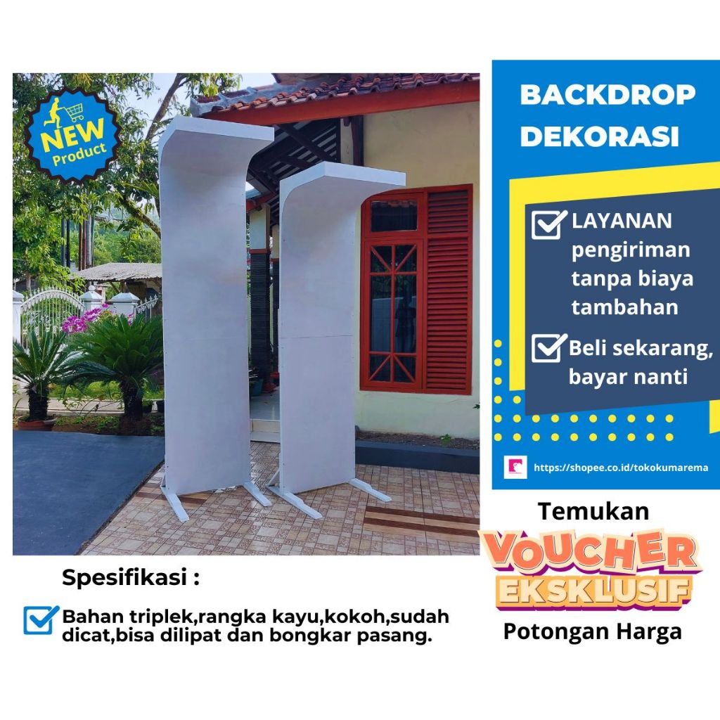 backdrop dekorasi pelaminan modern bahan triplek rangka kayu warna putih