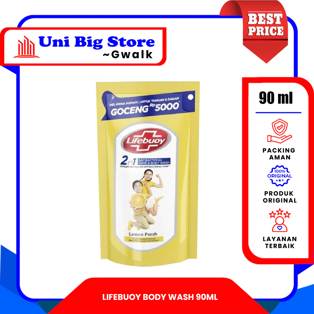 LIFEBUOY 2 IN 1 HAND BODY WASH SABUN CAIR LEMON FRESH POUCH - 90 ml