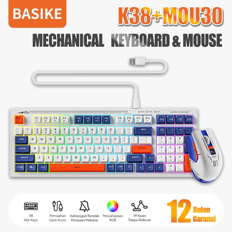 (KIPAS GRATIS)BASIKE Keyboard Mouse Gaming Mechanical RGB 3 Pin Hot-Swappable 98 Keys Ergonomic Asli