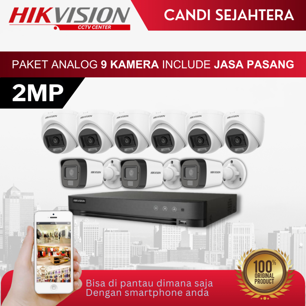 PAKET CCTV HIKVISION 2MP 9 KAMERA + INSTALASI & ONLINE DI HP