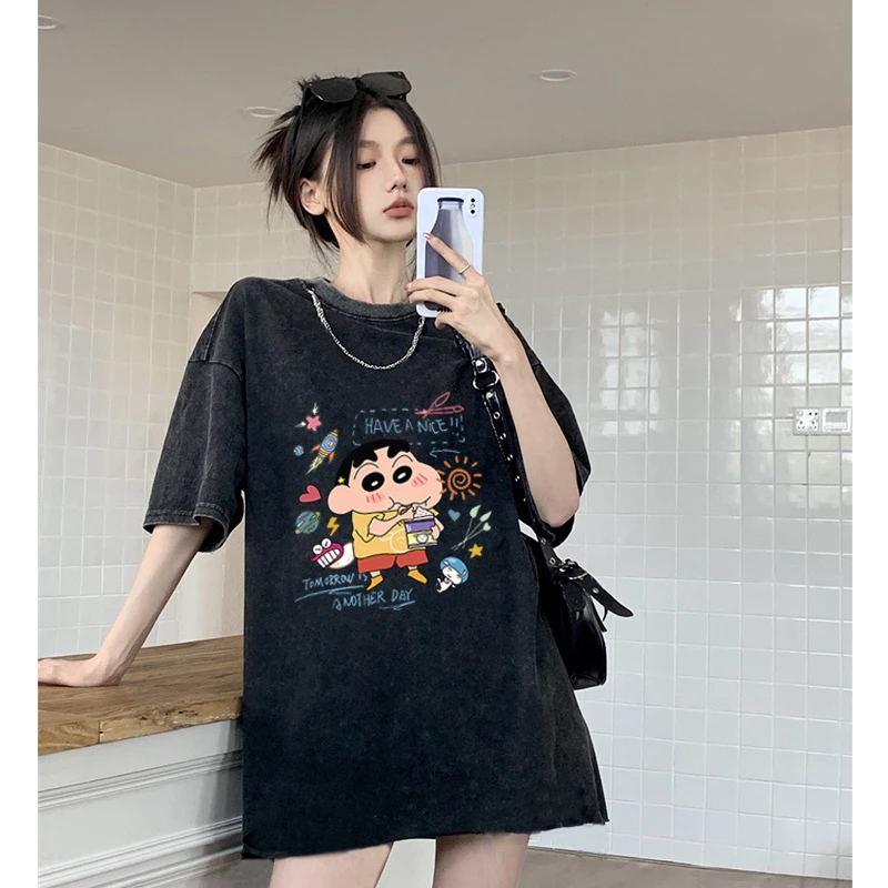 YIKOO - Kaos Wanita Lengan Pendek Retro Oversize Printed T Shirt