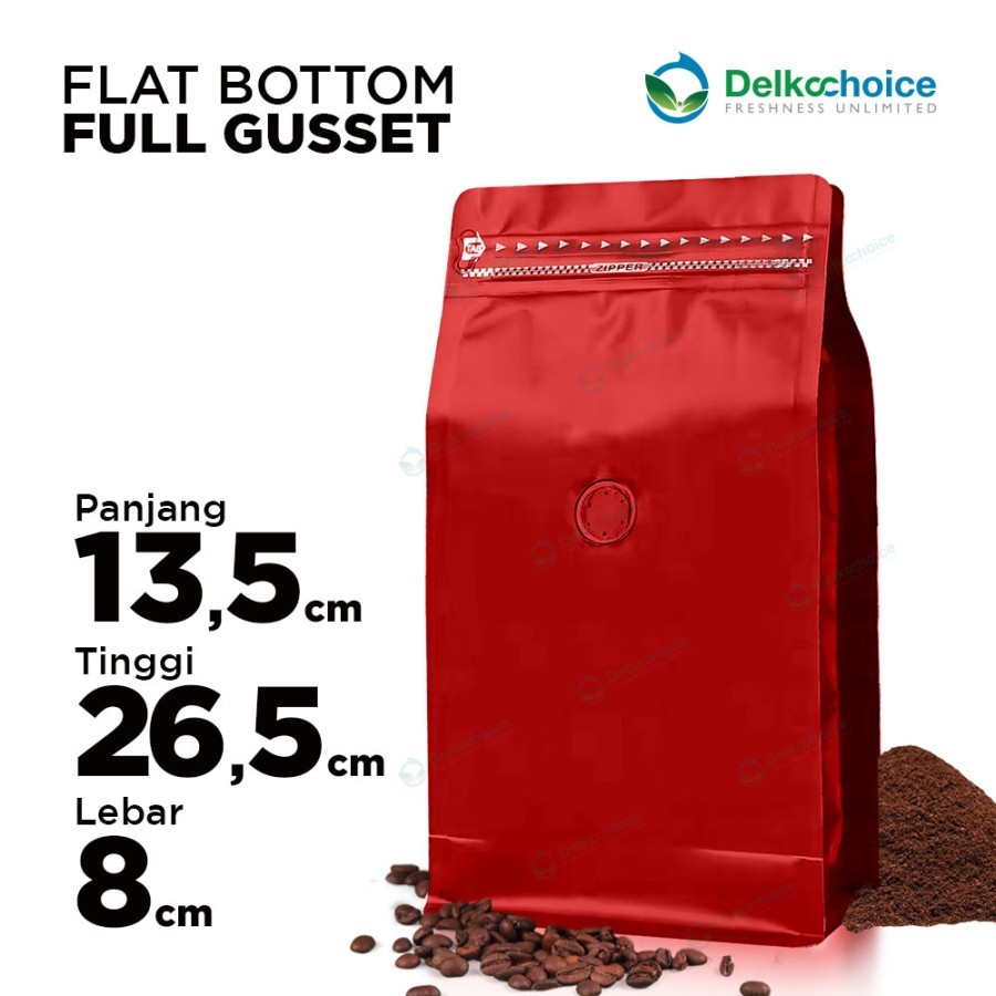 

Standing Pouch Flat Bottom Valve Bungkus Kopi Bubuk Biji Kopi Roasted Red 13.5 cm x 26.5 cm+8 cm