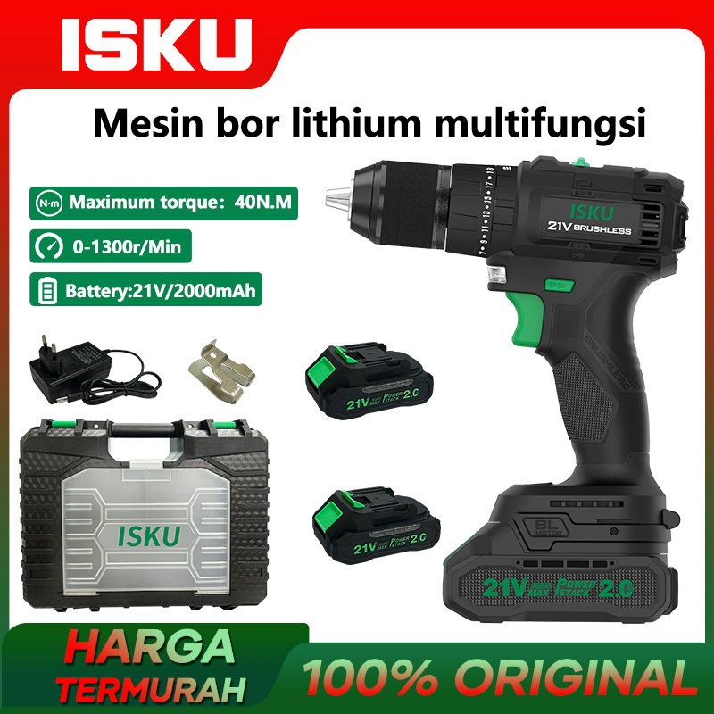 ISKU Bor Multifungsi Lithium Baterai 21V 2000mAh Set Bor Tanpa Kabel Bor Baterai Lithium Bor Perbaik
