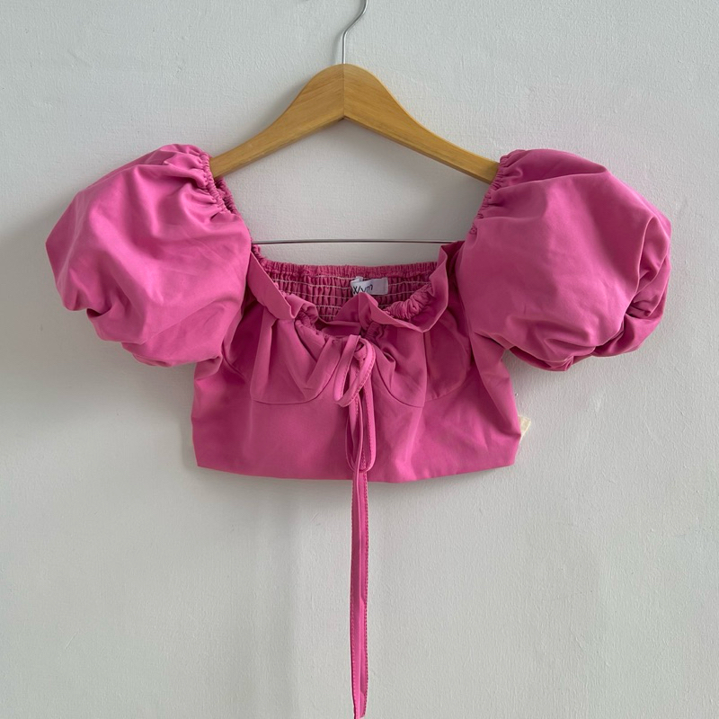 Crop Top Puffy Sleeve Atasan Lucu Korea Pita Lengan Balon