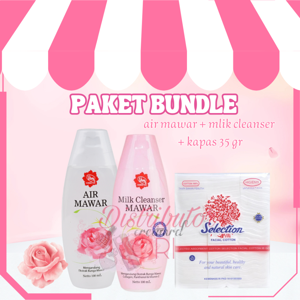 PAKET BUNDLE  VIVA AIR MAWAR 100ML + VIVA MILK CLEANSER MAWAR 100ML + KAPAS KOTAK { 3PCS } | ORIGINA