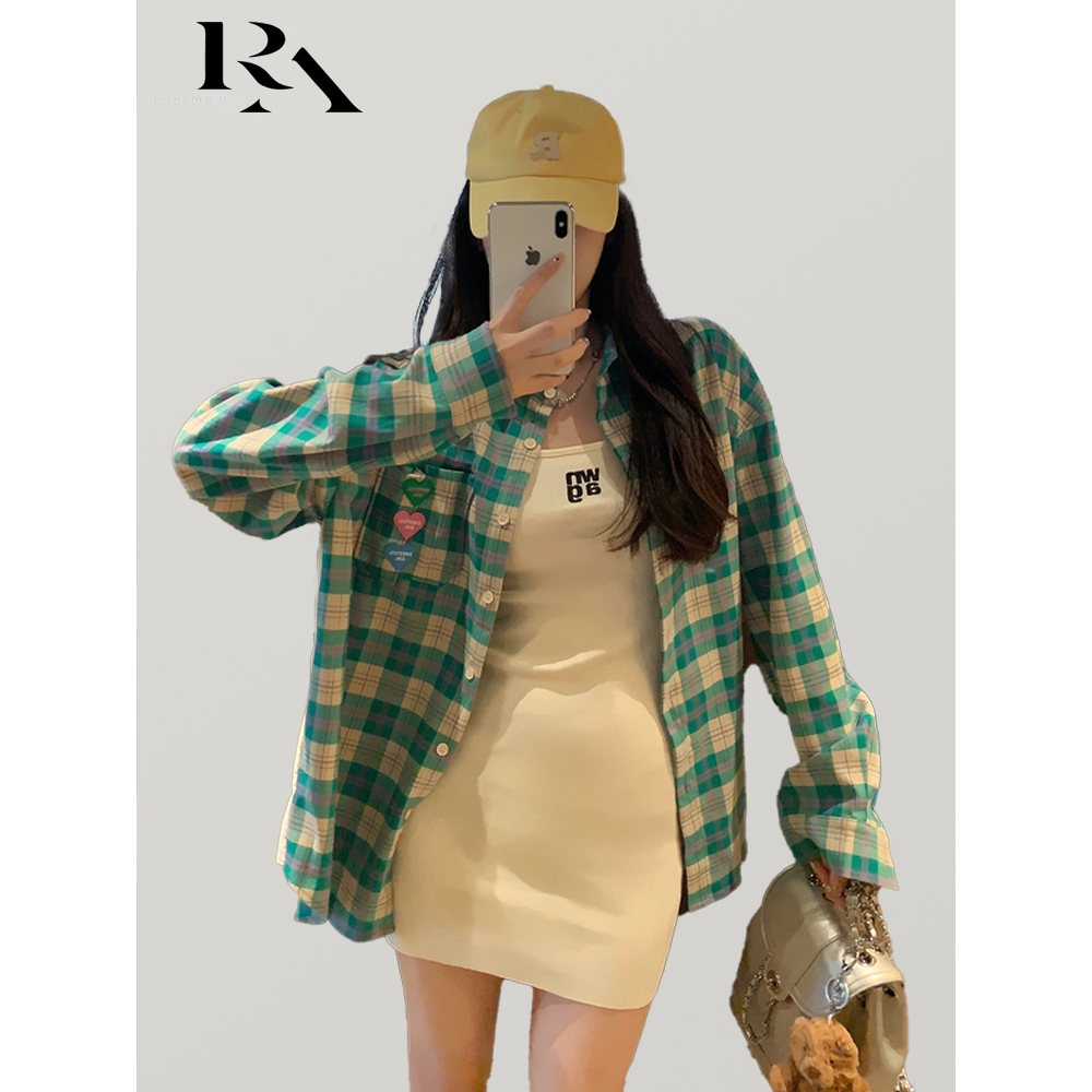 RIOD AOER  Kemeja luar wanita motif kotak-kotak dengan motif perca tren jaket kemeja lengan panjang 