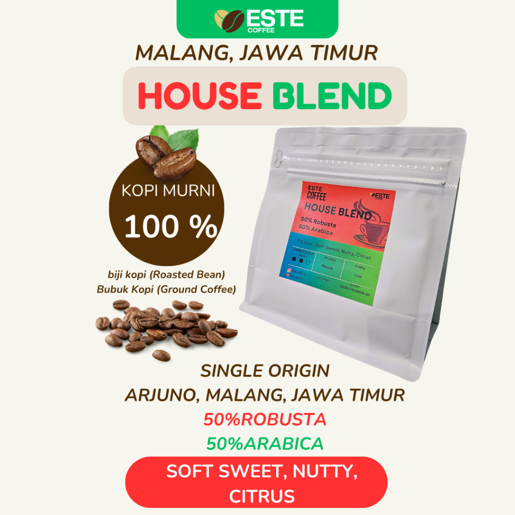 

Kopi House Blend Robusta Arabica Malang ,100gr/200gr/500 gr, 100% Kopi Murni Pilihan
