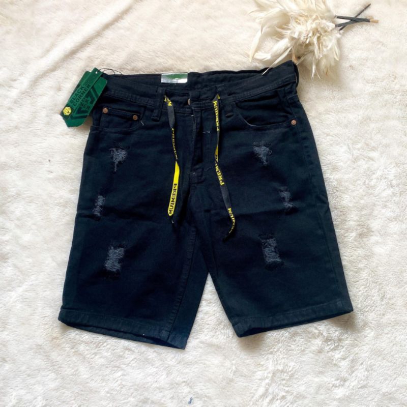 CELANA PENDEK PRIA SOBEK HITAM POLOS PREMIUM Denim 13oz Size 28--33