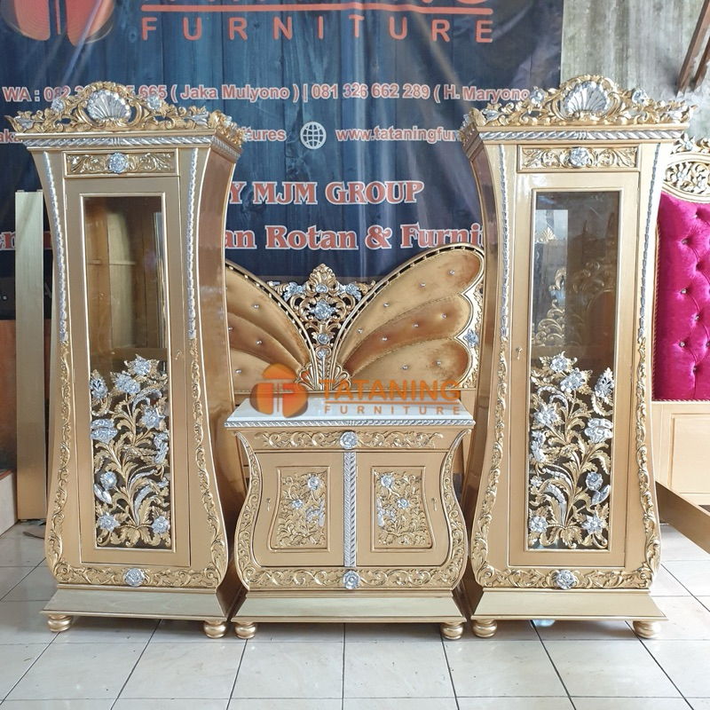 TV CABINET BIOLA KAYU JATI FINISHING DUCO GOLD SUPER MEWAH CUSTOM ALMARI KACA LEMARI HIAS BUFFET MUR