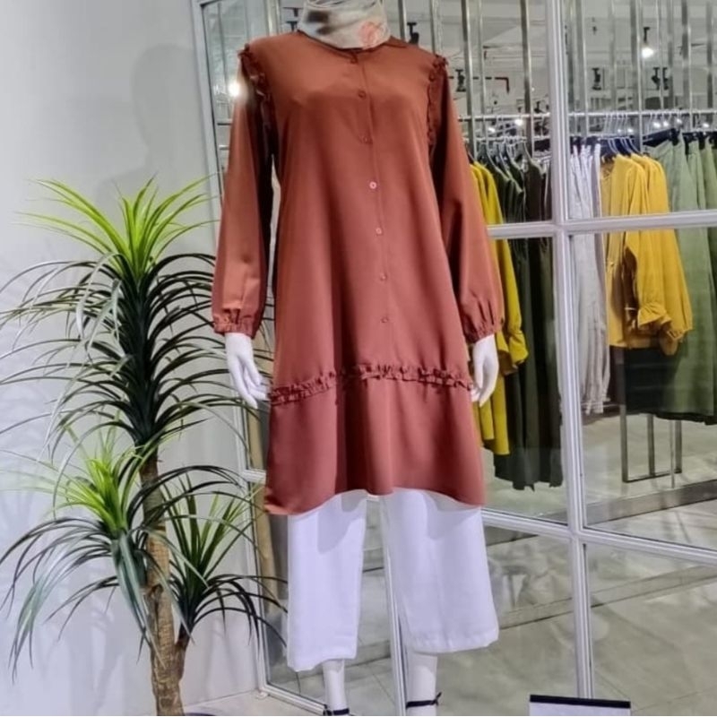 [preloved] tunik aleeya brand warna terracota - tunik ruffle - atasan muslim wanita