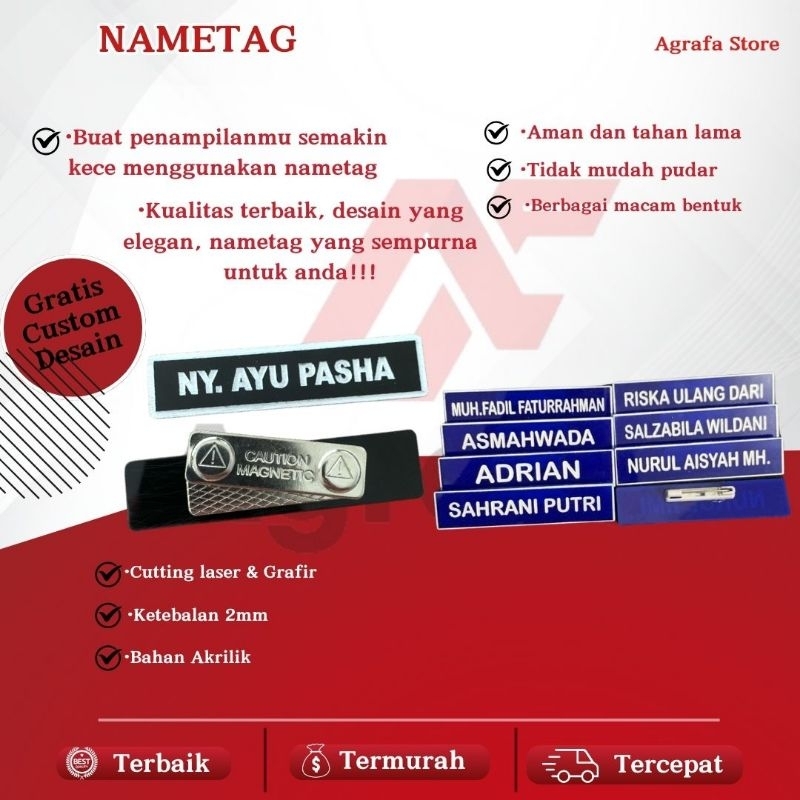 

Nametag Custom nama dada | Nametag Satpam | Nametag ASN | Nametag Sekolah | Magnet peniti