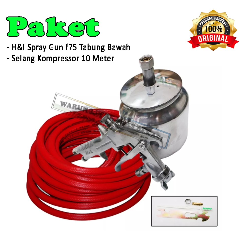 Paket H&L F75 S Alat Semprot Cat Spray Gun Tabung Bawah 750ml Set Selang Mesin Kompresor 10 Meter