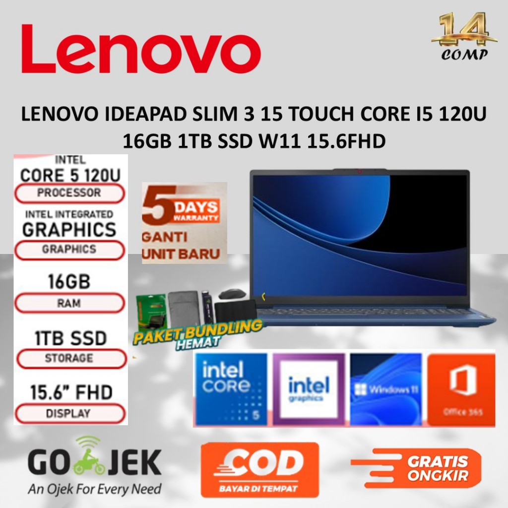 LENOVO IDEAPAD SLIM 3 15 TOUCH CORE I5 120U 16GB 1TB SSD W11 15.6FHD
