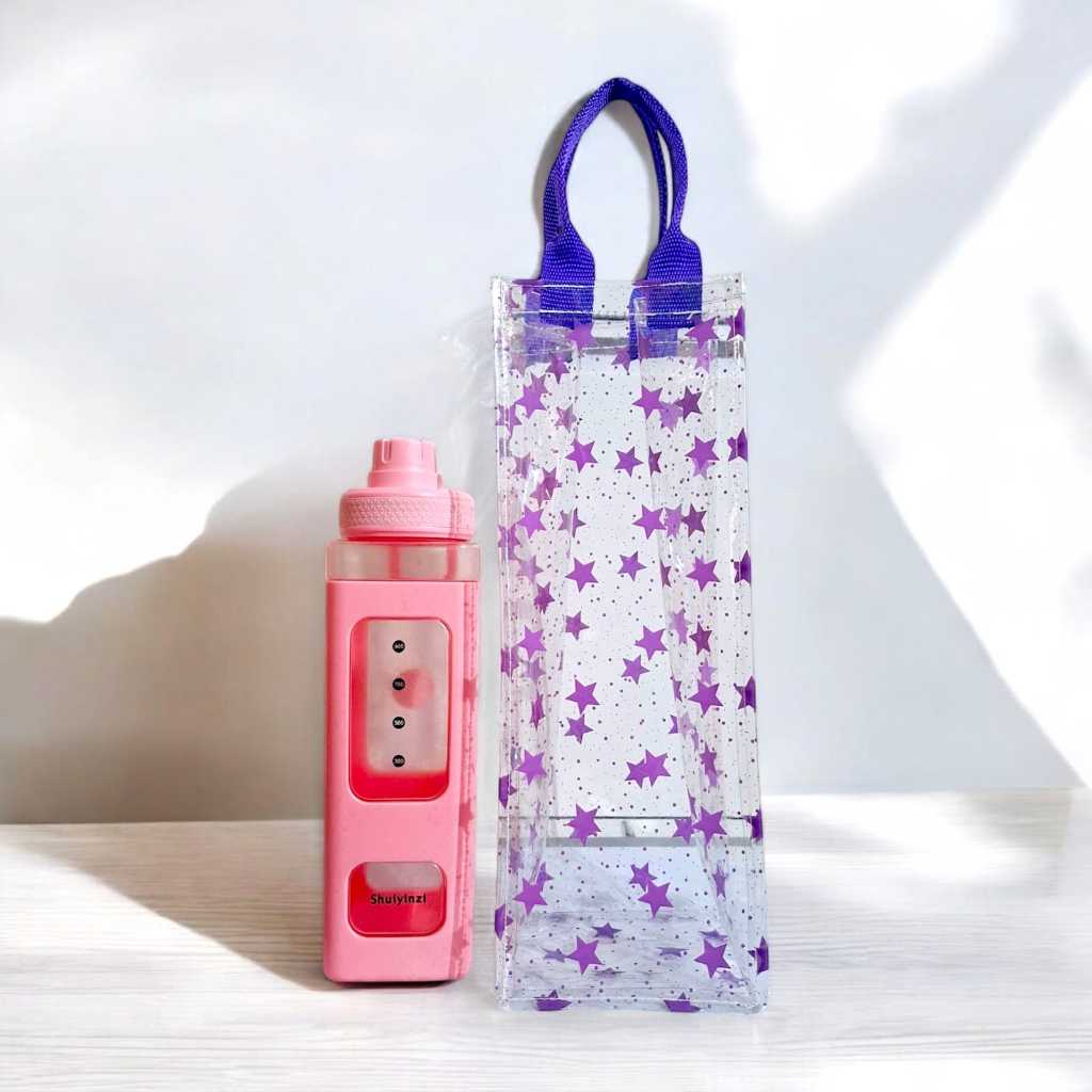 

TAS MIKA BENING BOTOL 12 x 12 x 33 cm - Goodie bag Tumbler transparan motif bintang ungu - Tas botol 2 liter tupperware