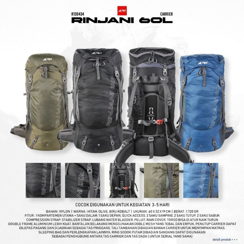 Tas Ransel CARRIER Pria RINJANI 60L AREI OUTDOORGEAR - CARRIER REI 60L RINJANI - BACKPACK AREI CARRI