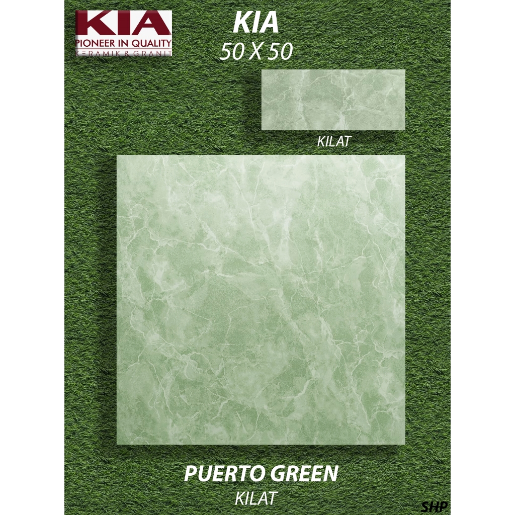 Keramik Lantai 50X50 KIA Puerto Green, Kilat KW1 Pekanbaru Riau, Motif Hijau Awan, Untuk Ruang Tamu 