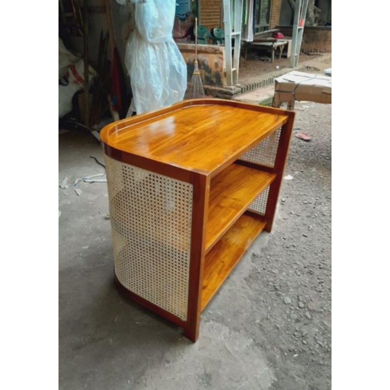 RAY Lemari Rak Display Roti Kayu Jati Mix Rotan Asli