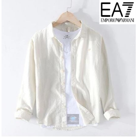 Kemeja Pria Lengan Panjang Premium Logo Depan Bordir Bahan Full Katun - Emporio Armani - Beige
