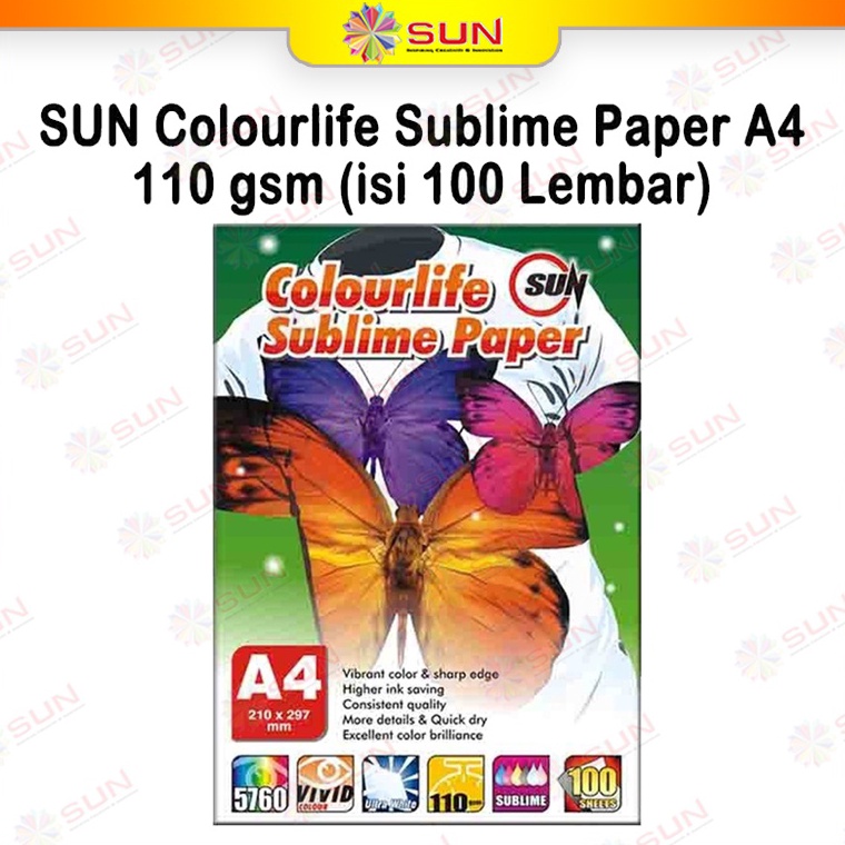 

KODE S99R Kertas Sablon Sublim Transfer Paper A4 F4A3 11 Gram SUN Sublime Max Colourlife Sublime Paper A4 isi 1 Lembar untuk mesin press mug mesin press kaos keramik piring topi plat alumium puzzle bantal