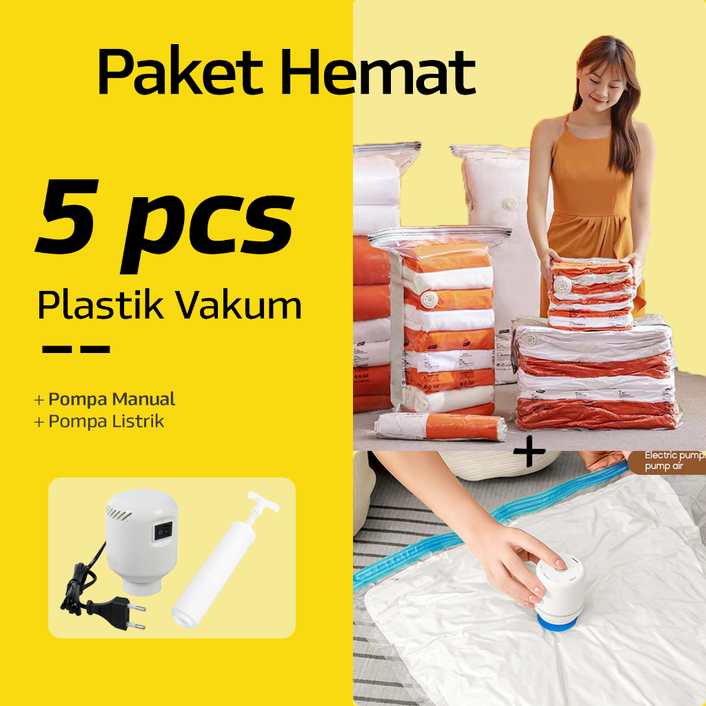 Paket Traveling 5 Plastik Vacuum Bag Vakum Baju Pakaian Anti Air Jamur Pompa Angin Listrik Travel