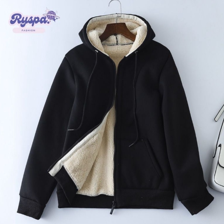 KODE R62I Jaket Sweater Hoodie Bulu Tebal Hoodie Sherpa Bulu Domba Sintetis Tebal Dan Hangat