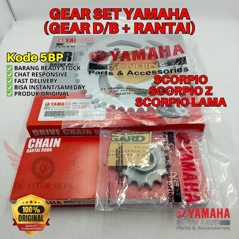 5BP GEAR SET D/B DEPAN BELAKANG + RANTAI SCORPIO ORIGINAL YAMAHA GENUINE PARTS, PAKET GEAR SET SCORP