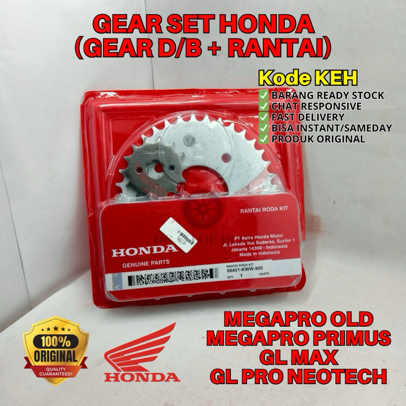 KEH GEAR SET D/B DEPAN BELAKANG + RANTAI MEGAPRO ORIGINAL AHM HONDA, PAKET GEAR SET MEGAPRO PRIMUS, 
