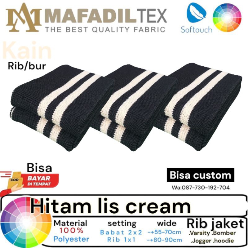 Kain Rib/bur rajut 1x1 warna dasar hitam strip krem bahan polyster premium