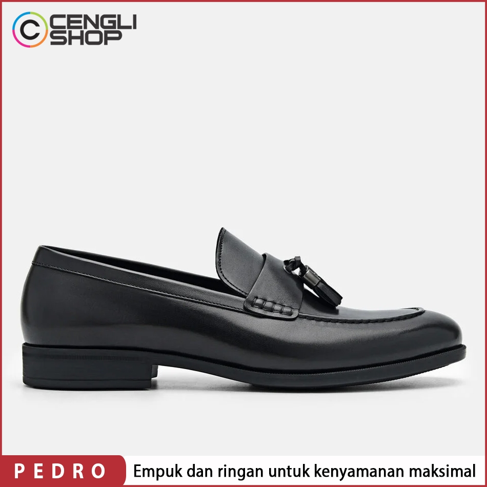 SEPATU FORMAL PEDRO PRIA ORIGINAL PANTOFEL SLIP ON LOAFERS KULIT ASLI ORI HITAM PM124