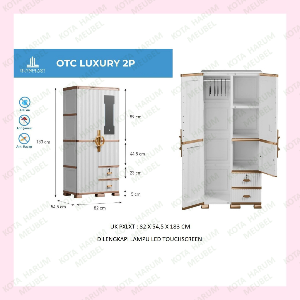 lemari baju pakaian plastik 2 pintu pakai kaca cermin pakai lampu led touchscreen olimplas olimplast