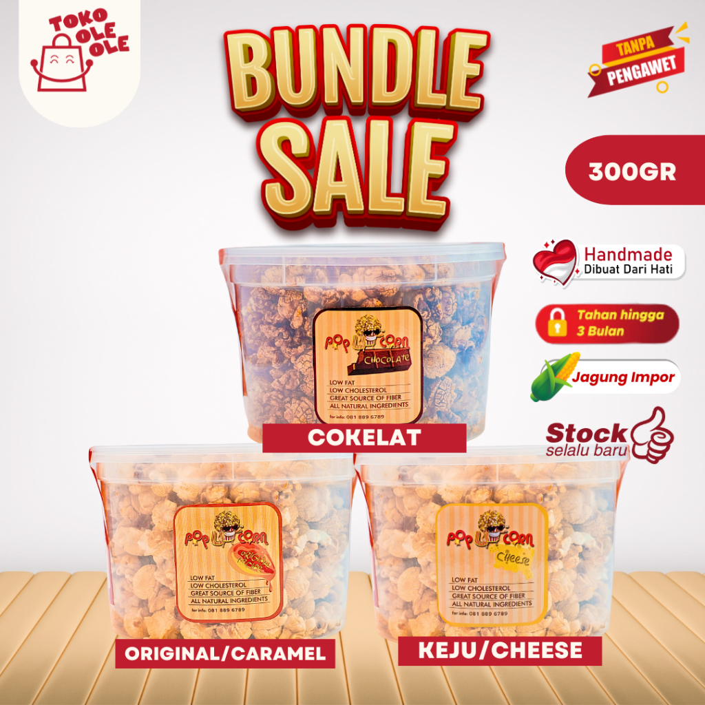 

PROMO BUNDLE POPCORN 3 RASA – Coklat, Caramel, Keju | Camilan Snack Jagung 300gr