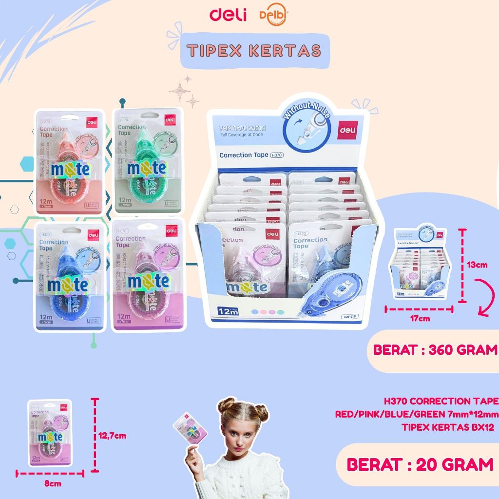 

H370 CORRECTION TAPE RED/PINK/BLUE/GREEN 7mm*12mm TIPEX KERTAS