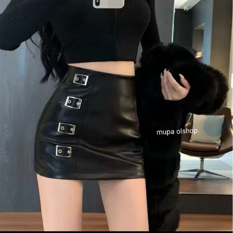 Mupaolshop Rok kulit / rok kulit wanita / rok kulit hitam / skirt leather Korean style
