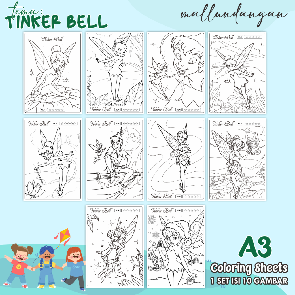 

LEMBARAN MEWARNAI ANAK A3 - TEMA TINKER BELL - PAPER COLORING SHEETS FOR KIDS