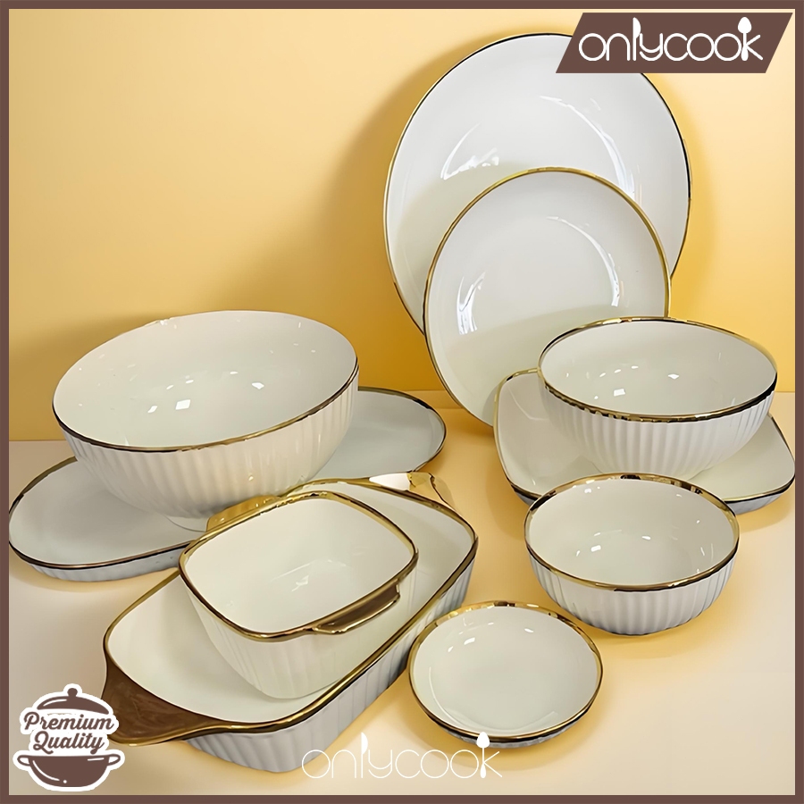 ONLYCOOK Piring & Mangkuk Makan Keramik Putih List Gold Elegan/Piring Keramik Sultan Mewah List Gold