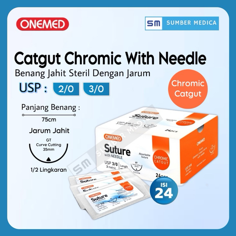 OneMed Catgut Chromic With Needle/Benang Jahit Catgut Chromic Merek Onemed isi 24pcs