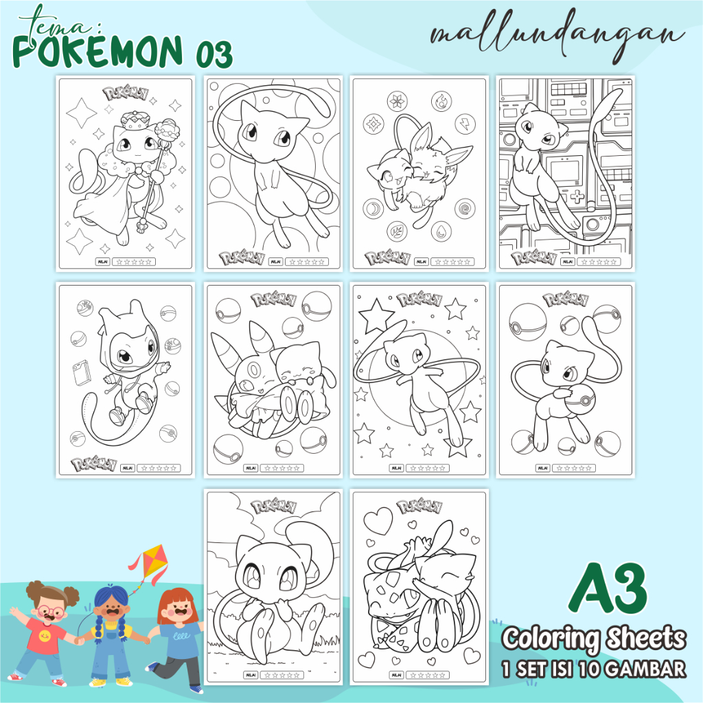 

LEMBARAN MEWARNAI ANAK A3 - TEMA POKEMON 03 - PAPER COLORING SHEETS FOR KIDS