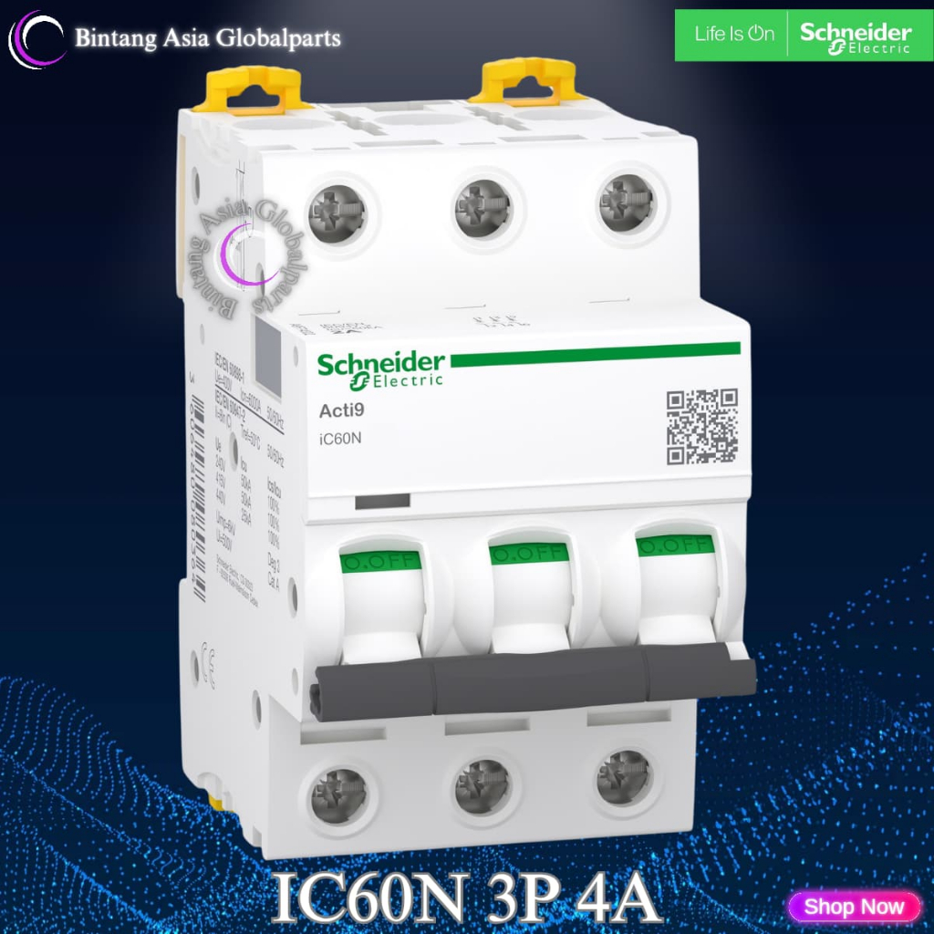 MCB 3p 4a Schneider iC60N Original / MCB 3 Phase 4 Ampere A9F74304 / MCB 3 Pole 4a 6kA