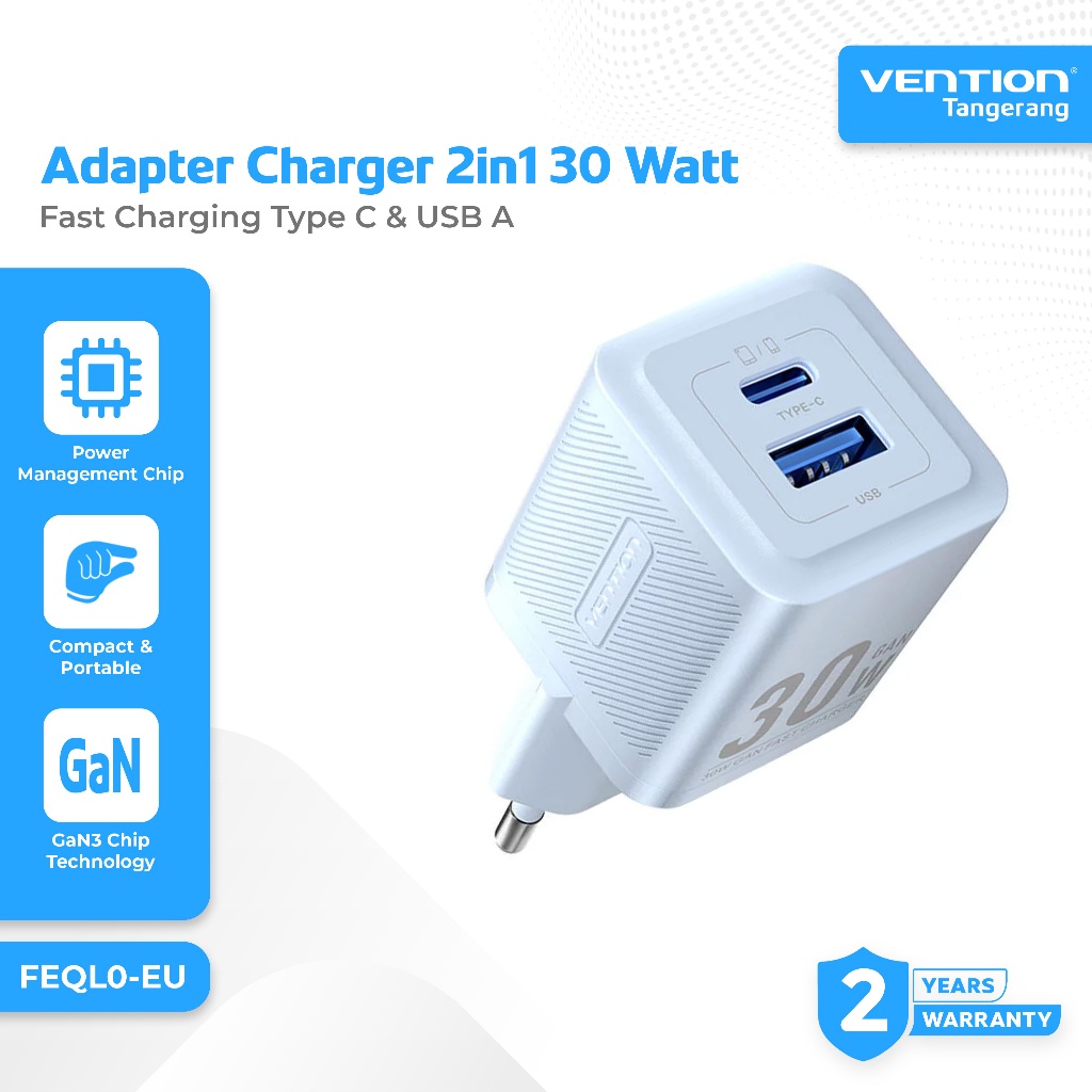 Vention Adapter Kepala Charger 2 in 1 30W Type C - USB A GaN Fast Charging Wall Charger Blue - FEQL0