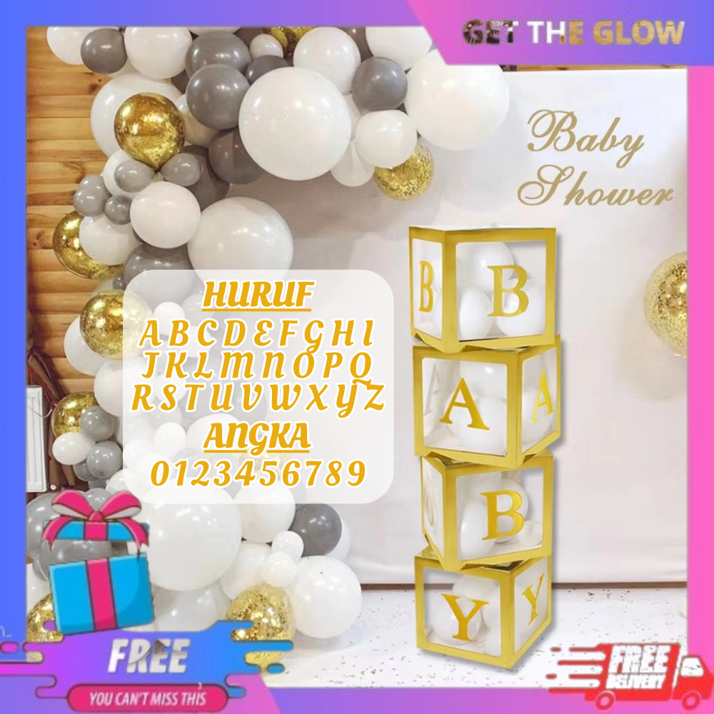 Box Kotak Balon Transparan Emas 25*25cm Surat Stiker Nama DIY Gold Untuk Dekorasi Pesta UlangTahun P