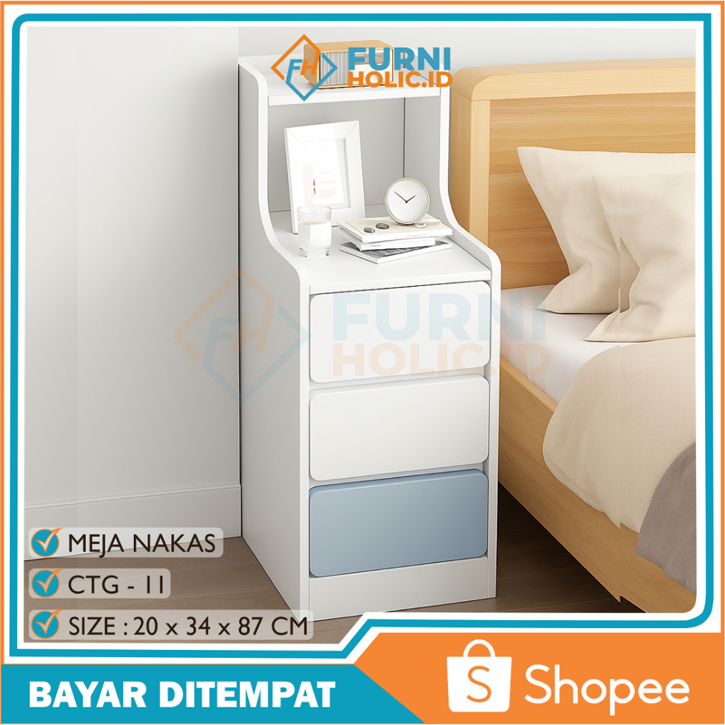 FURNIHOLIC Meja Nakas / Meja Samping Kamar Tidur Minimalis / Rak Meja Kecil / Bedside Table
