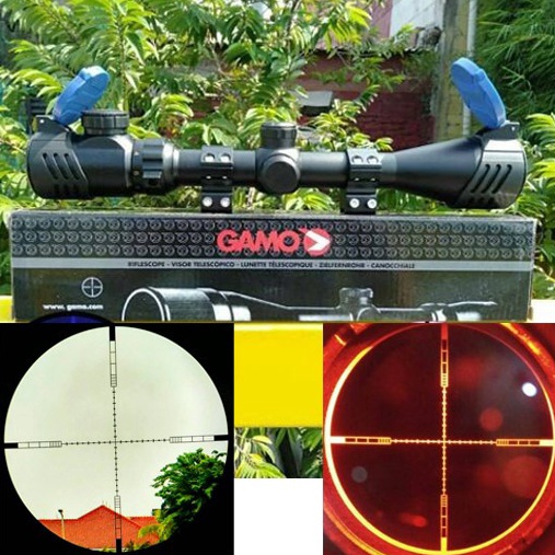KODE L64V Teleskop Senapan Angin Gamo Reticle HK 39x4 RGB Tutup Flip Biru Termura