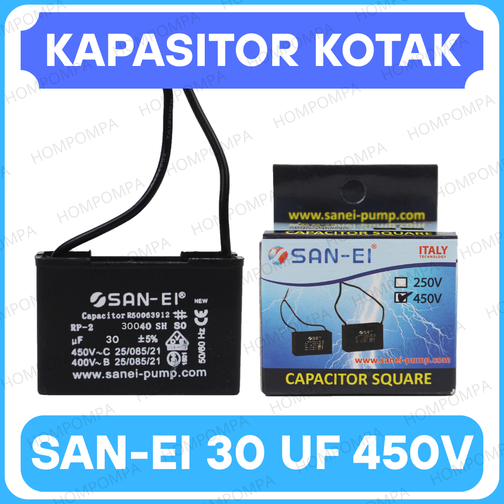 KAPASITOR CAPASITOR 30uf Mikro 450V San-Ei Kondensor Kabel Kotak 30 UF MFD - SPAREPART POMPA AIR