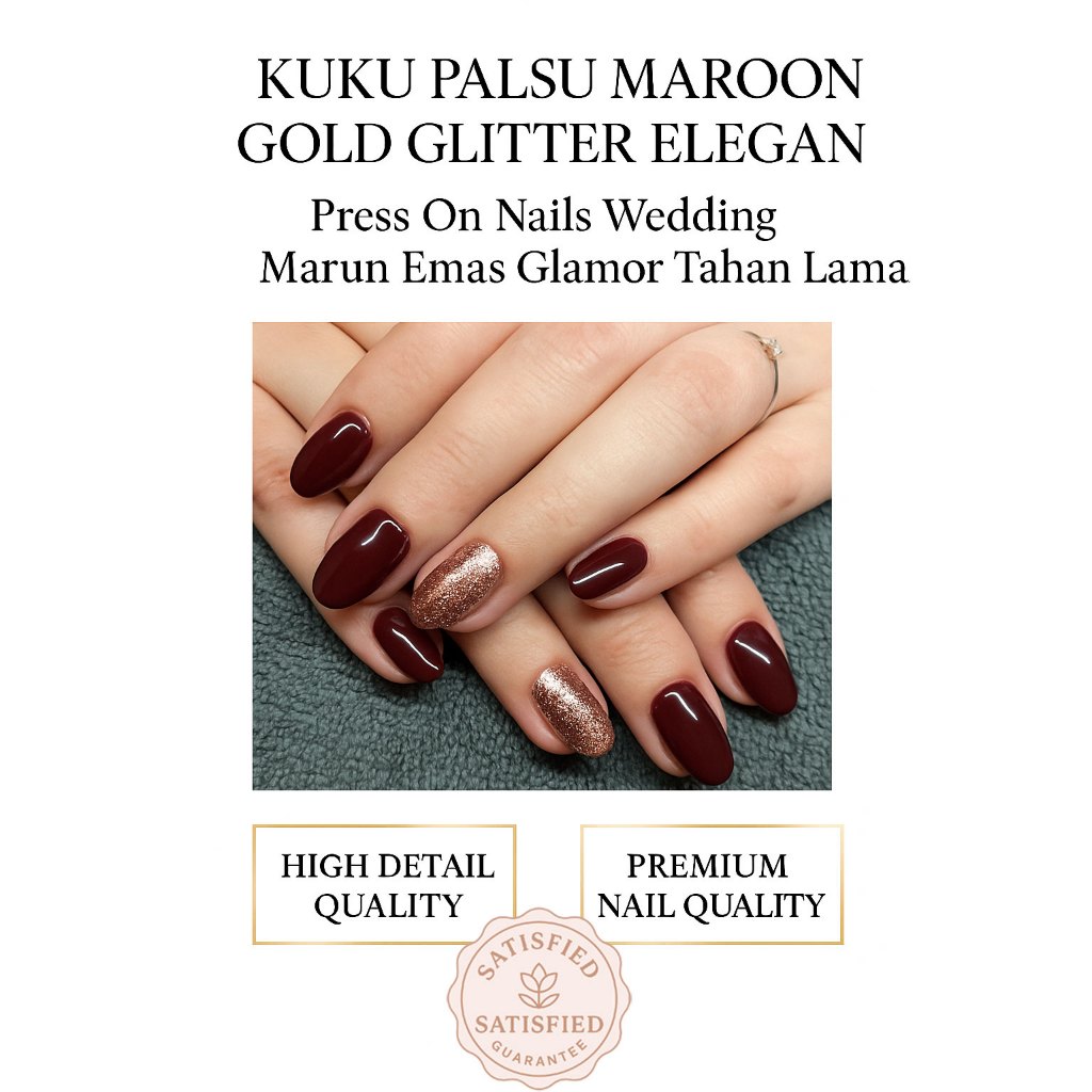 Kuku Palsu Maroon Gold Glitter Elegan – Press On Nails Wedding Marun Emas Glamor Tahan Lama