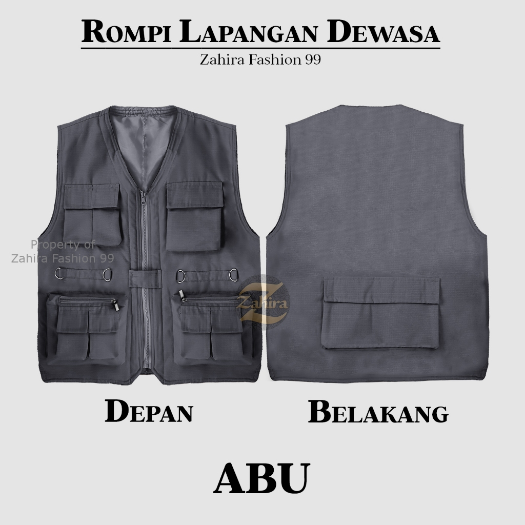 Rompi Vest Kerja Lapangan Dewasa Abu | Rompi Outdoor Ripstop