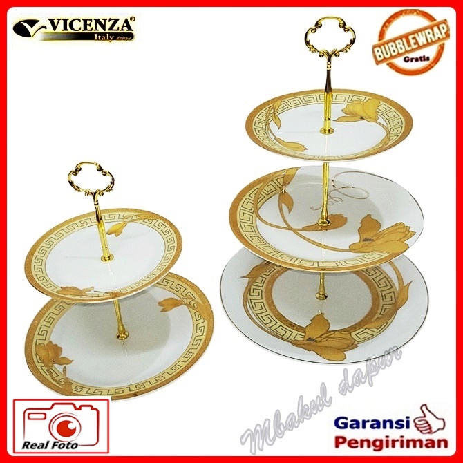 Piring kue Tempat kue susun / Tingkat Keramik 3 susun Vicenza Kualitas Putih Coating emas