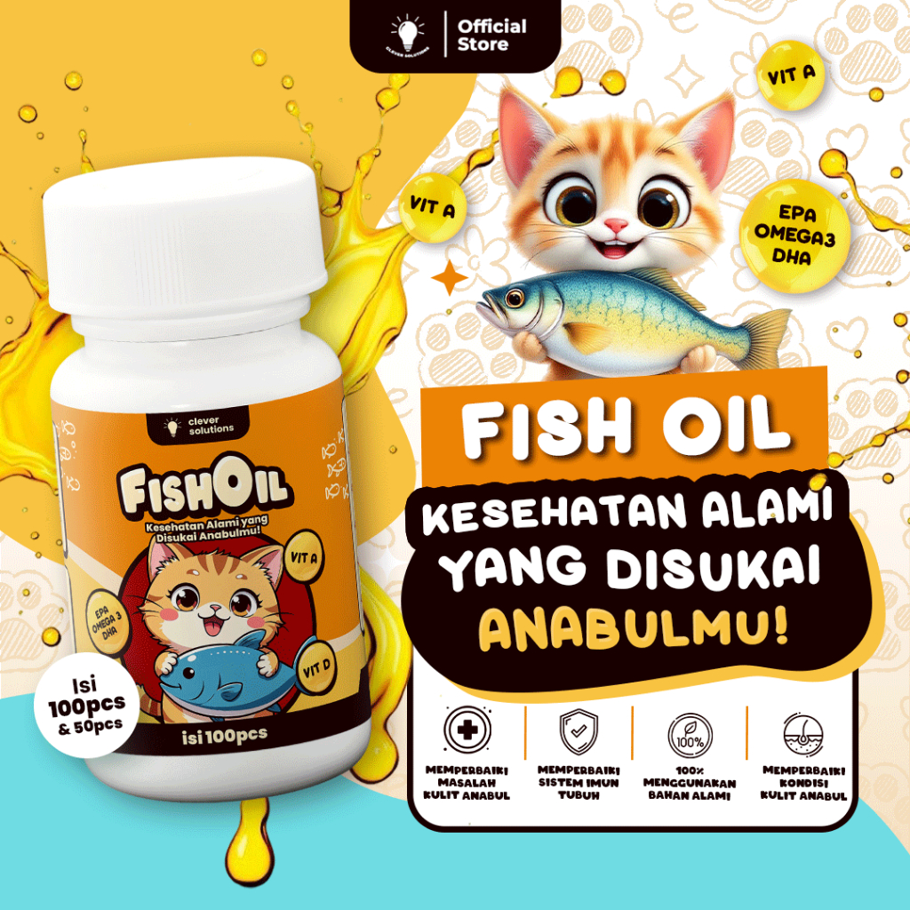 Clever Solutions - Vitamin Omega 3 Fish Oil, Merawat imun dan bulu anabul. Isi 100 dan isi 50 Pcs