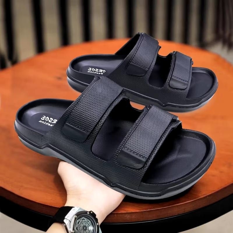 Sandal pria hitam dua tali sandal pria bahan karet