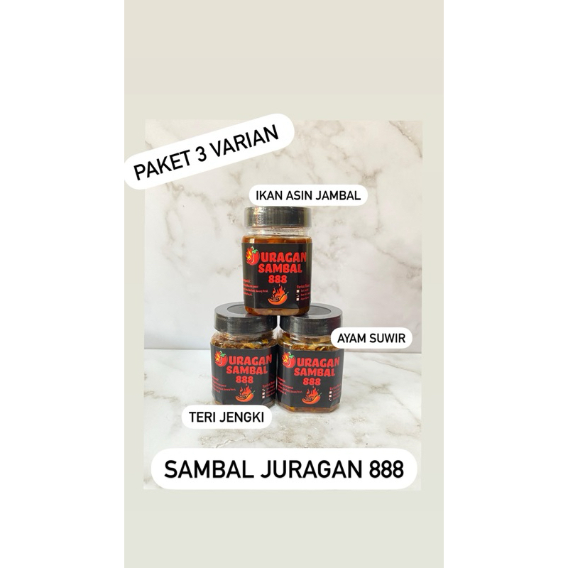 

HADIR!!! || SAMBAL JURAGAN 888 EXTRA HOT || LEVEL HOT || VARIAN PAKET ISI 3 || TERI JENGKI || IKAN ASIN JAMBAL || AYAM SUWIR ||