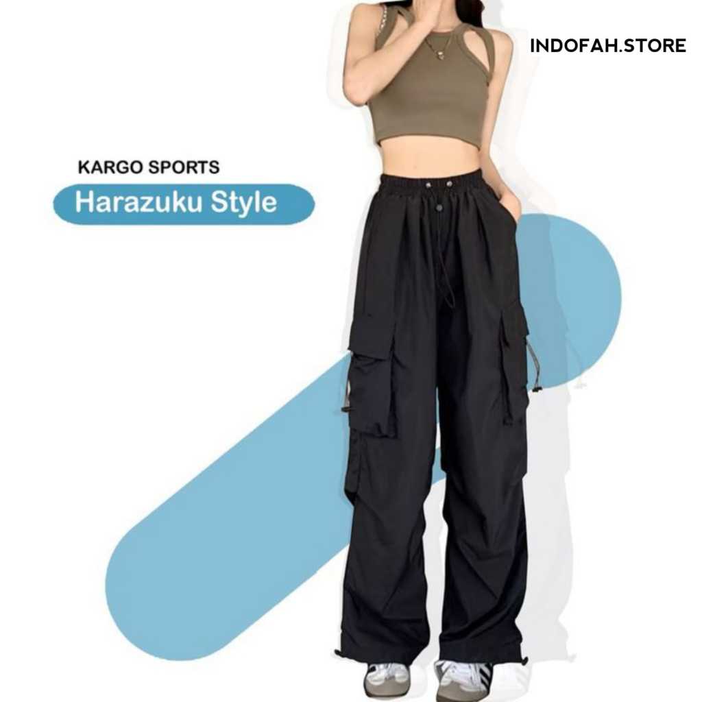 celana cargo serut wanita highwaist pants korean style jumbo kulot big size